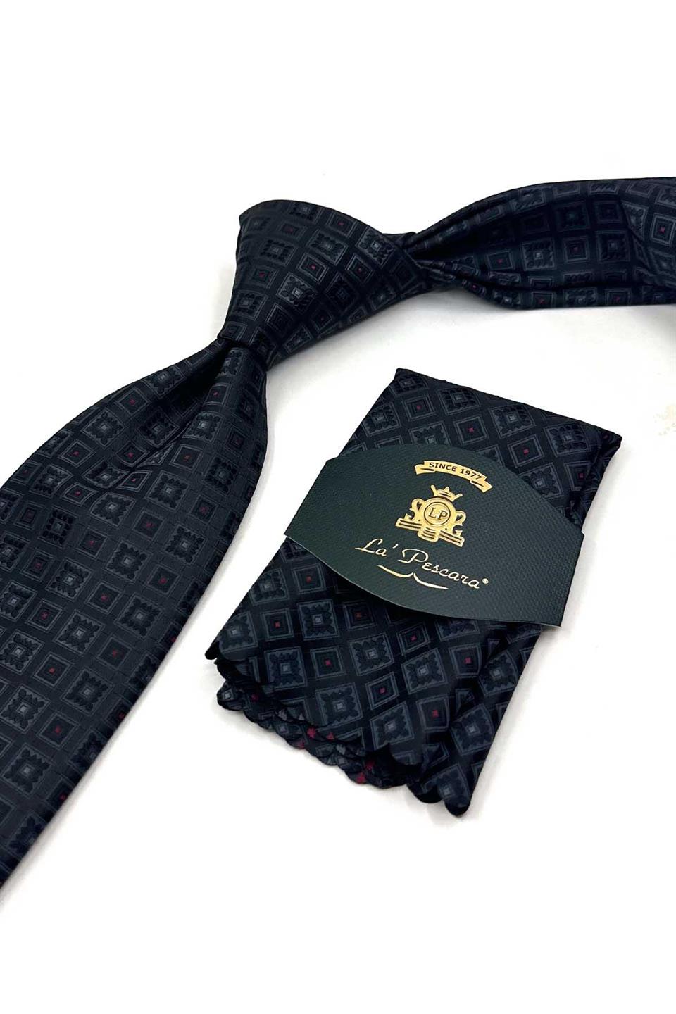 Siyah Motif Desen Mendilli Klasik Kravat KK13632