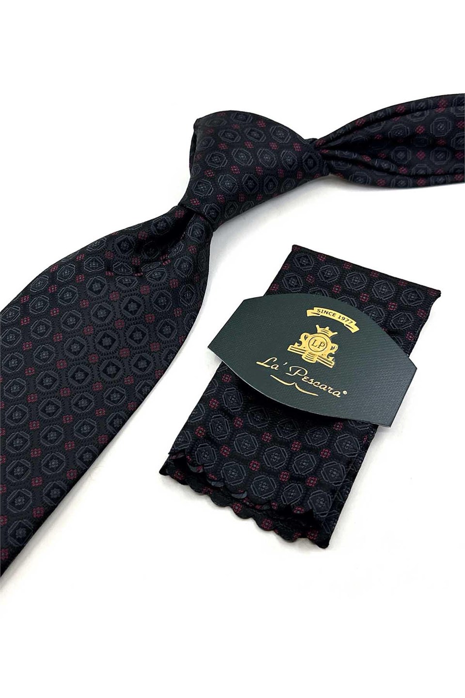 Siyah Motif Desen Mendilli Klasik Kravat KK14104