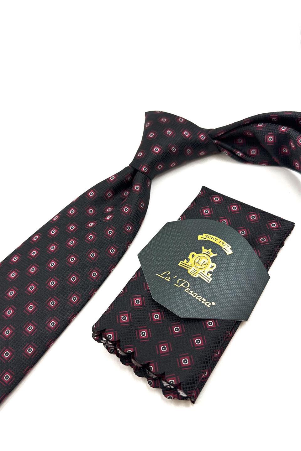 Siyah Motif Desen Mendilli Klasik Kravat KK11063