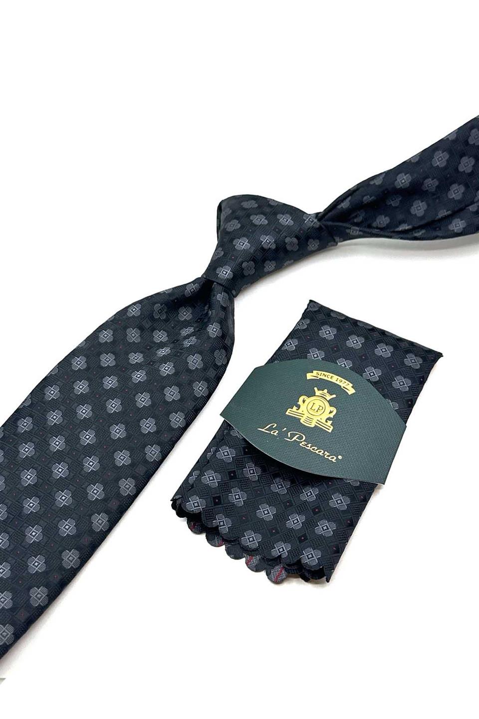 Siyah Motif Desen Mendilli Klasik Kravat KK13036