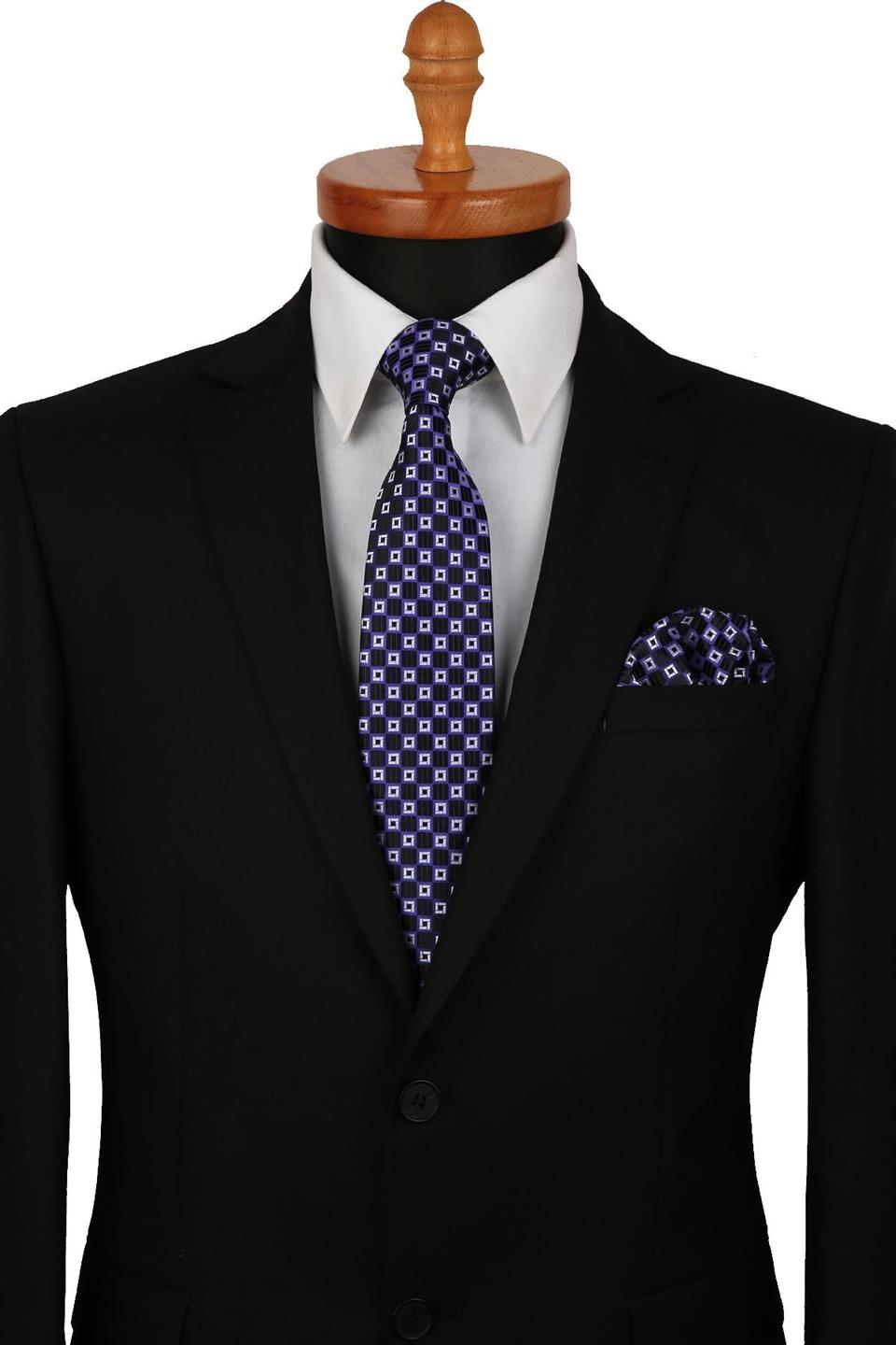 Siyah Motif Desen Mendilli Klasik Kravat KK9315