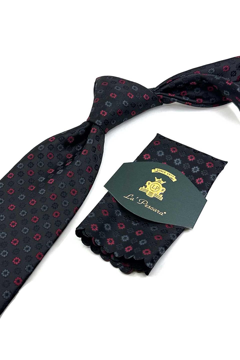 Siyah Motif Desen Mendilli Klasik Kravat KK13188