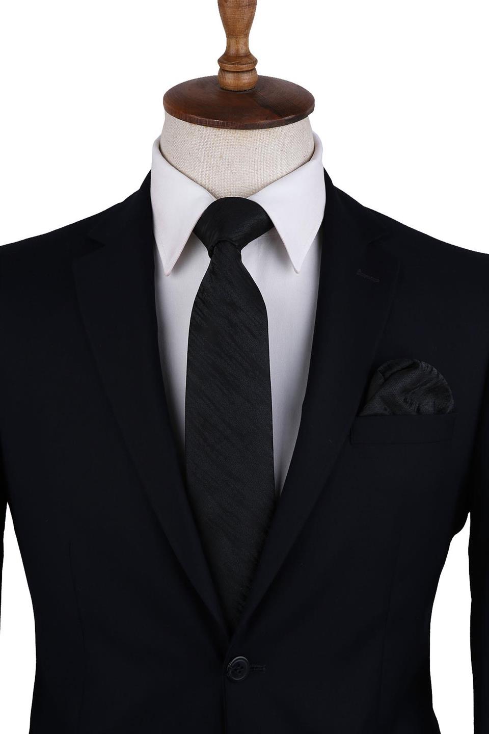 Siyah Motif Desen Mendilli Klasik Kravat KK10523