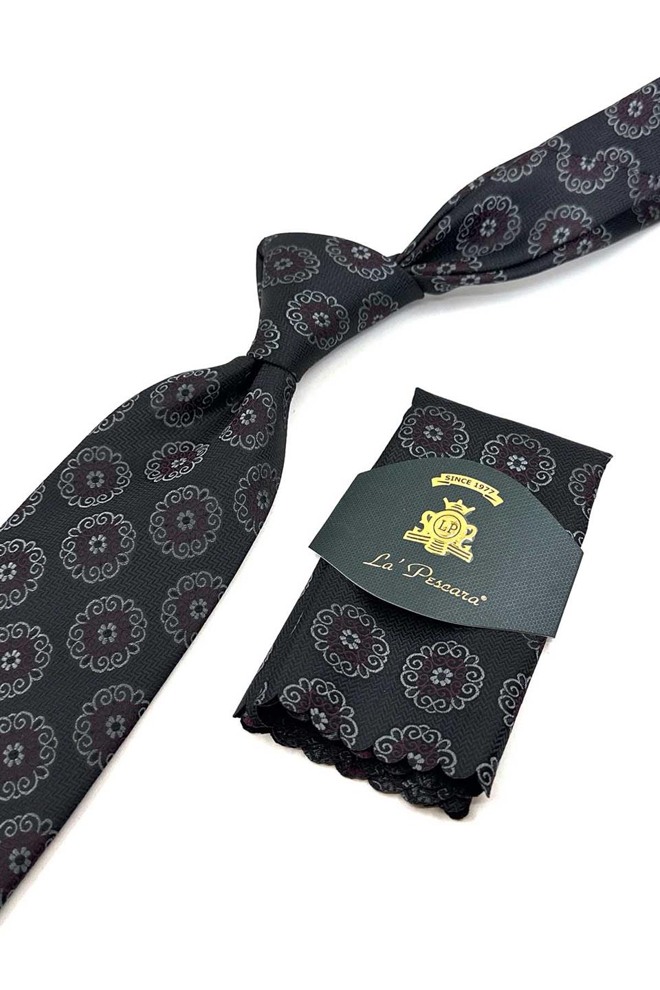 Siyah Motif Desen Mendilli Klasik Kravat KK12242