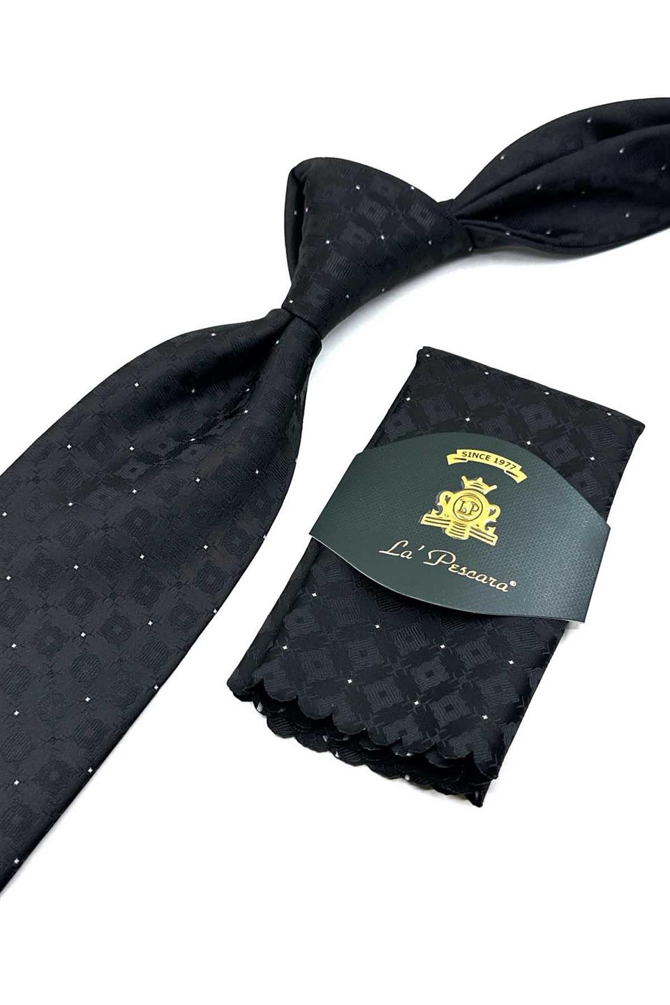 Siyah Motif Desen Mendilli Klasik Kravat KK12572