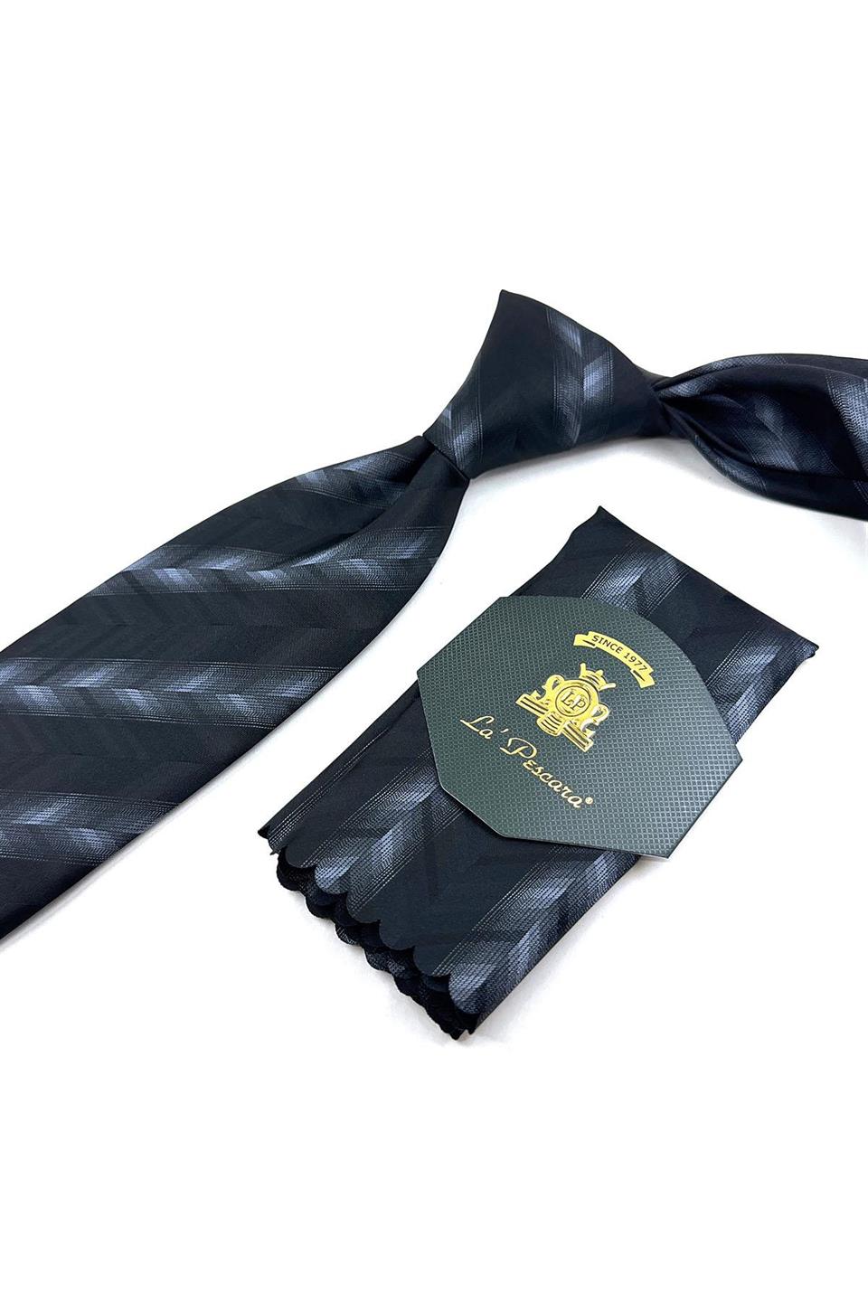 Siyah Motif Desen Mendilli Klasik Kravat KK11326