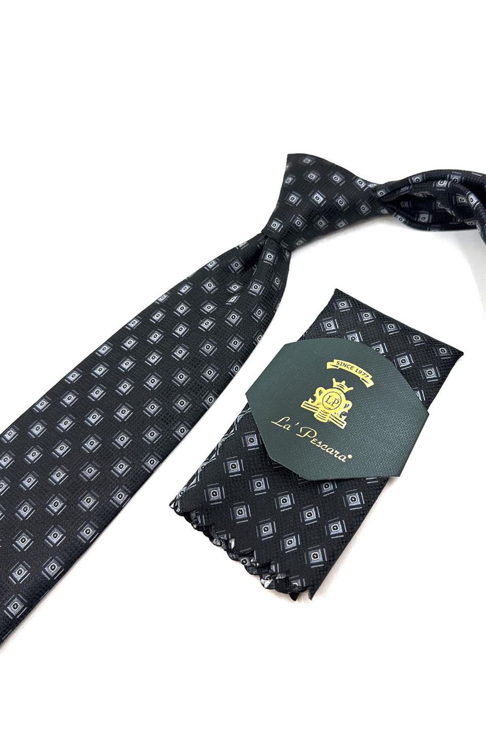 Siyah Motif Desen Mendilli Klasik Kravat KK11061