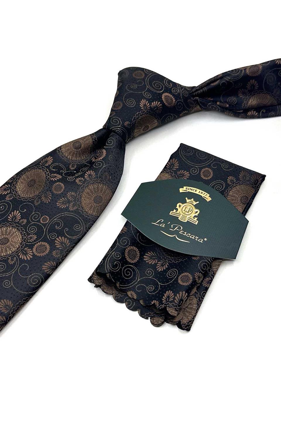Siyah Motif Desen Mendilli Klasik Kravat KK13590