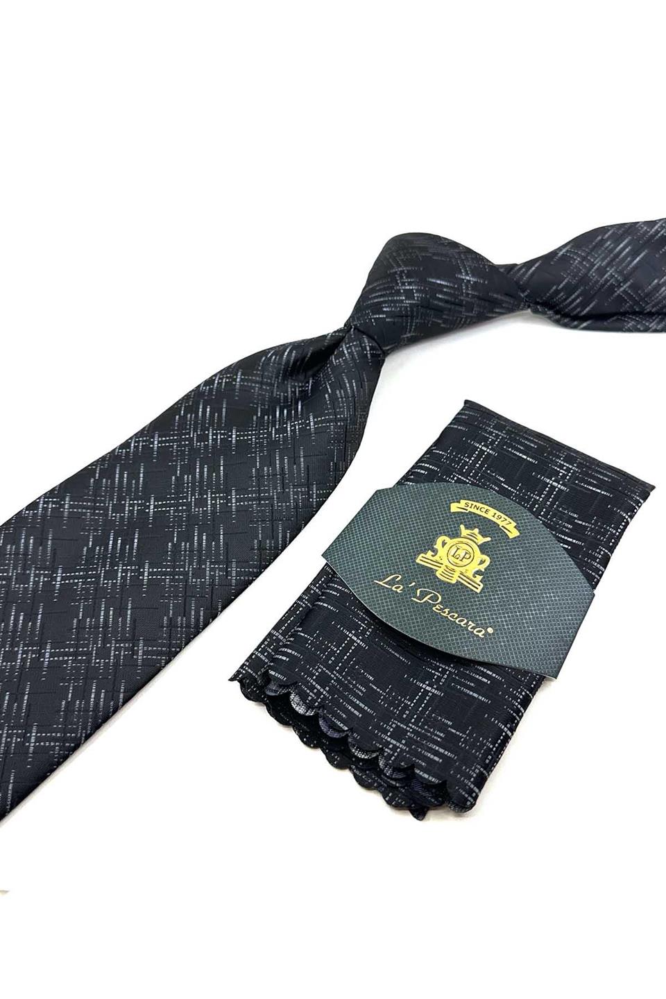 Siyah Motif Desen Mendilli Klasik Kravat KK12439