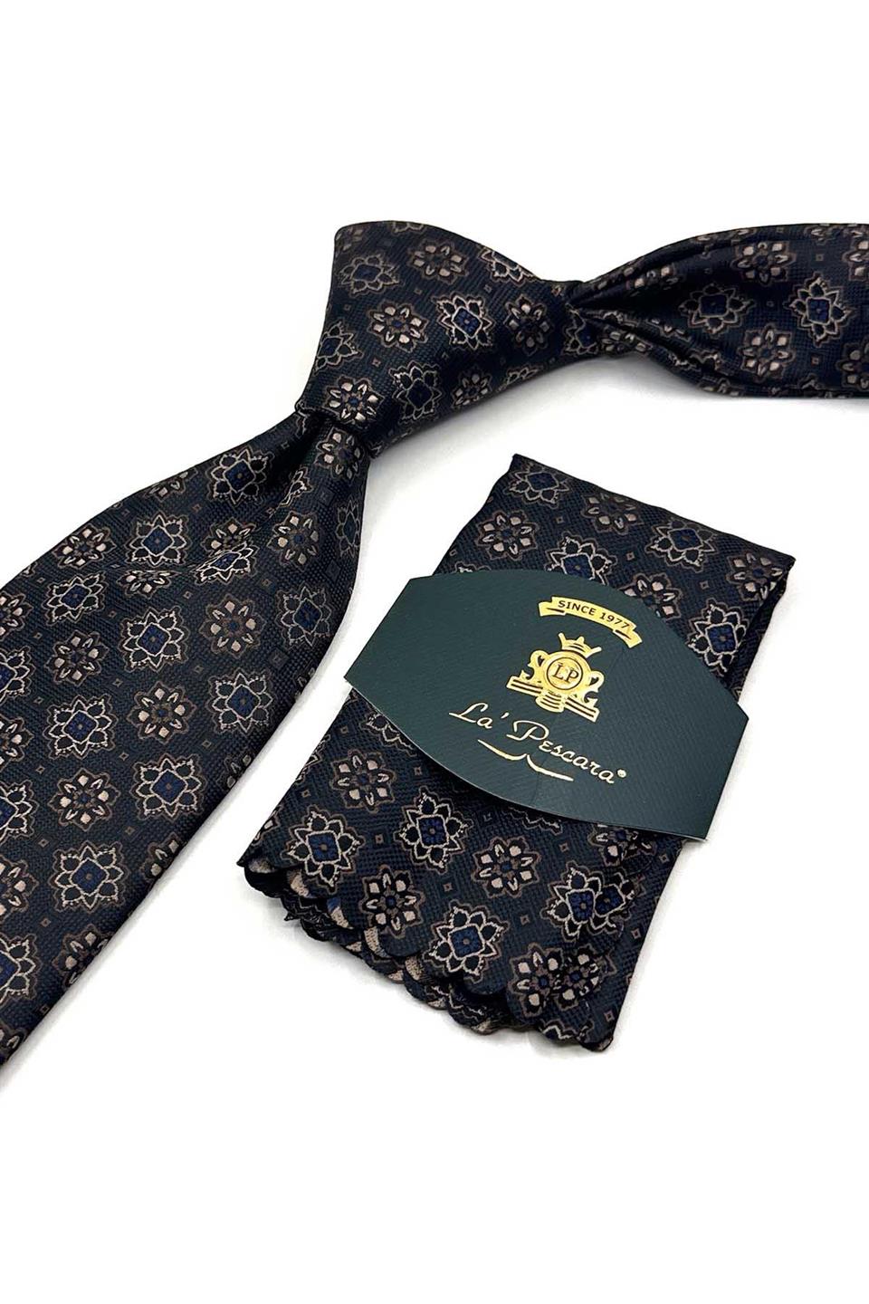 Siyah Motif Desen Mendilli Klasik Kravat KK13569