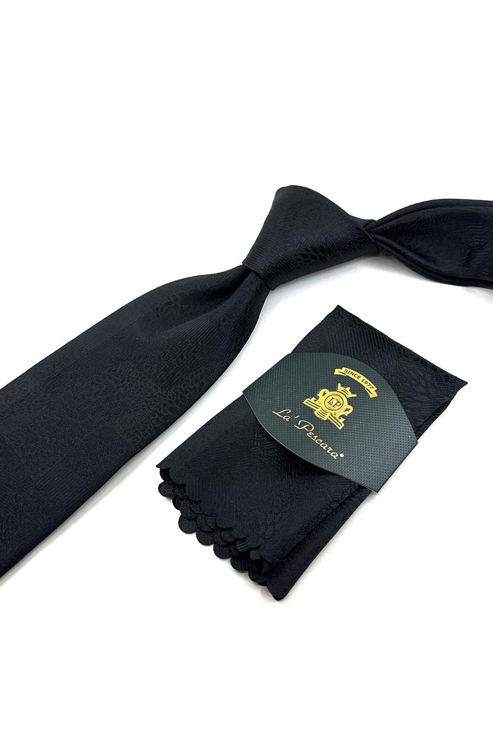 Siyah Motif Desen Mendilli Klasik Kravat KK12054