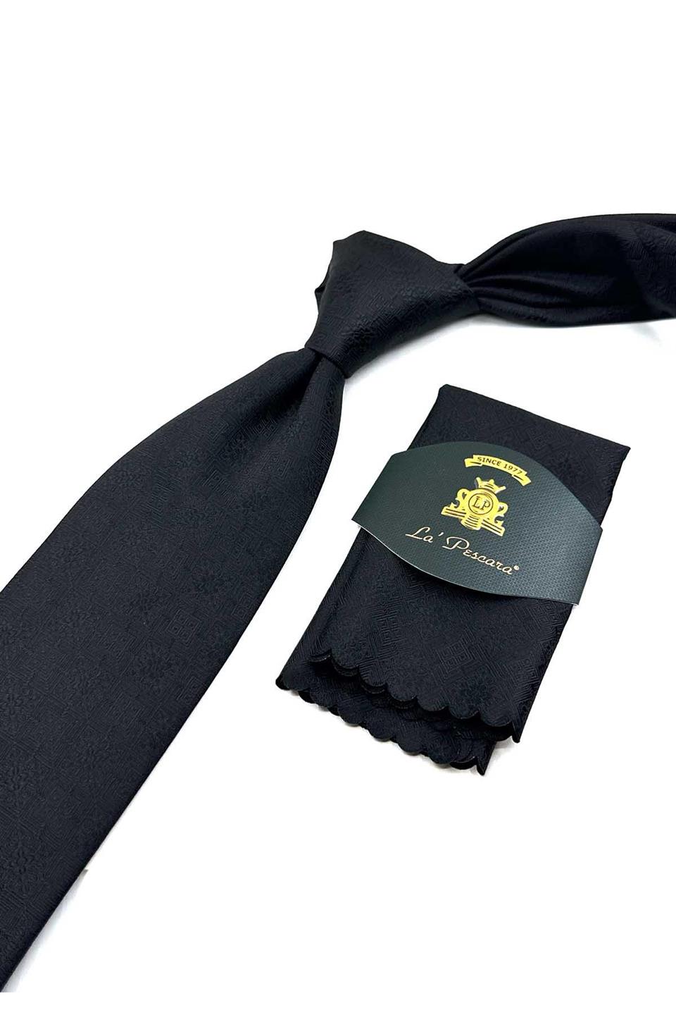 Siyah Motif Desen Mendilli Klasik Kravat KK12549