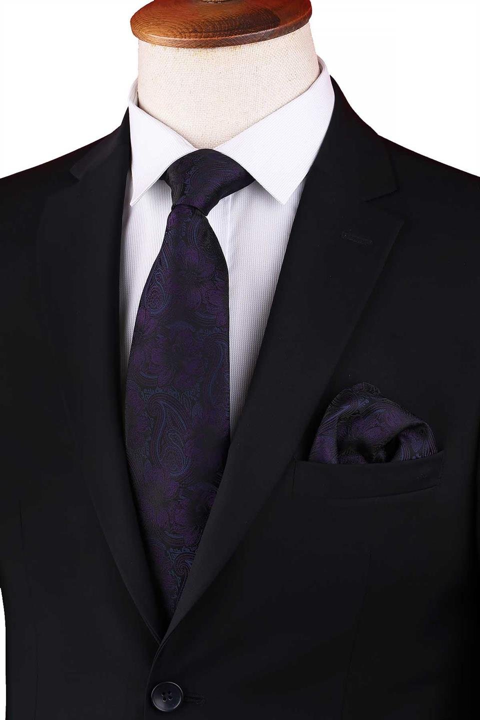 Siyah - Mürdüm Çiçek Desen Mendilli Klasik Kravat KK12948