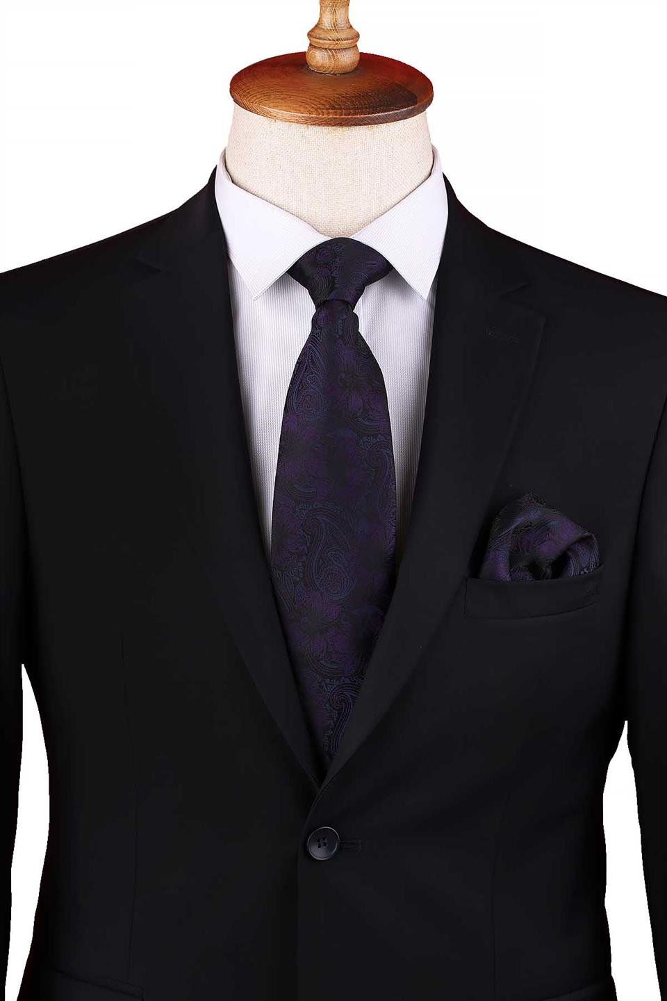 Siyah - Mürdüm Çiçek Desen Mendilli Klasik Kravat KK12948