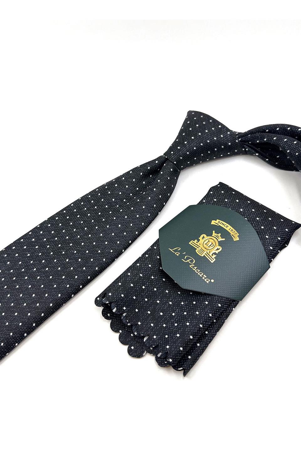Siyah Nokta Desen Mendilli Klasik Kravat KK11101