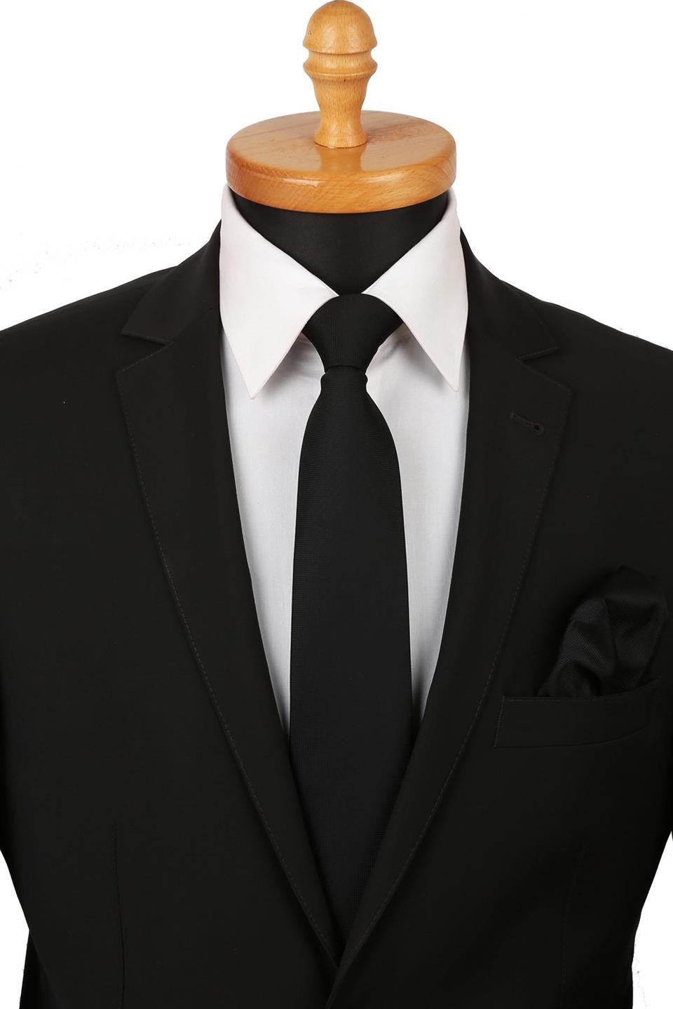 Siyah Nokta Desen Mendilli Klasik Kravat KK4152