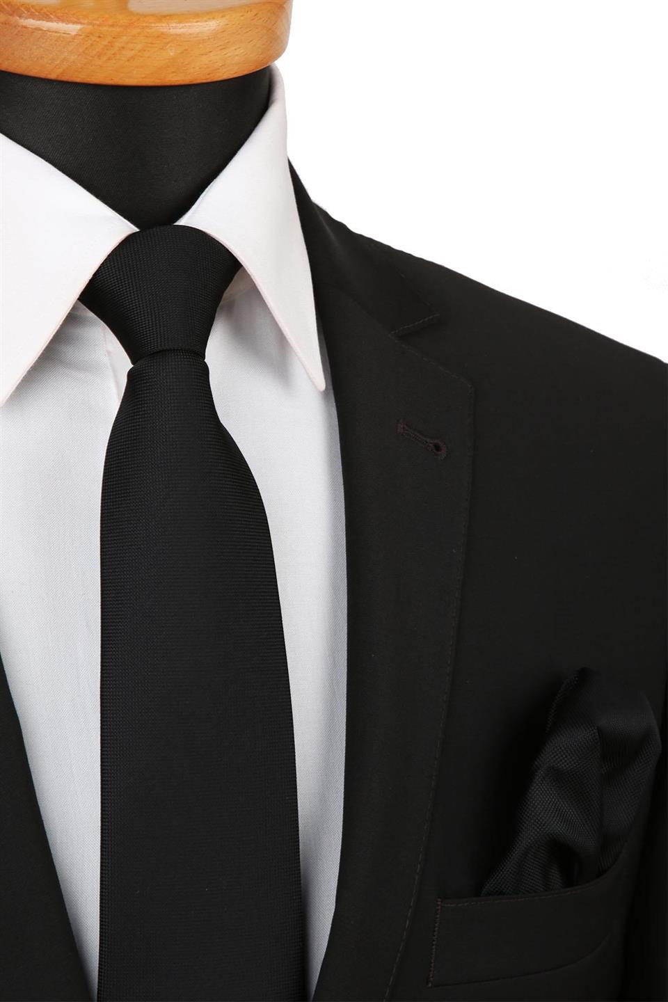 Siyah Nokta Desen Mendilli Klasik Kravat KK4152