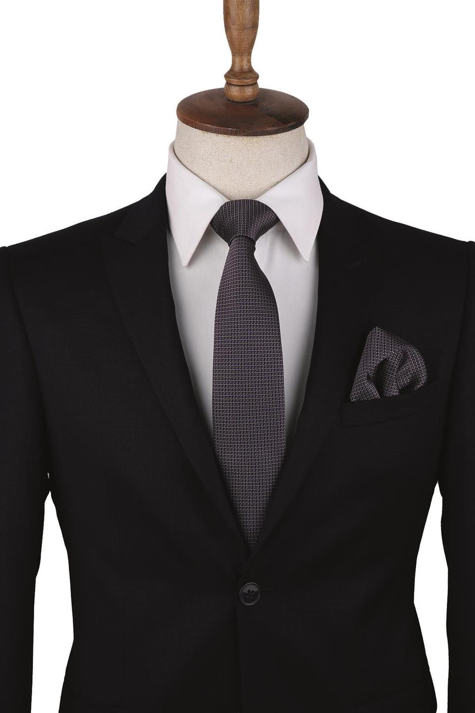 Siyah Nokta Desen Mendilli Klasik Kravat KK10102