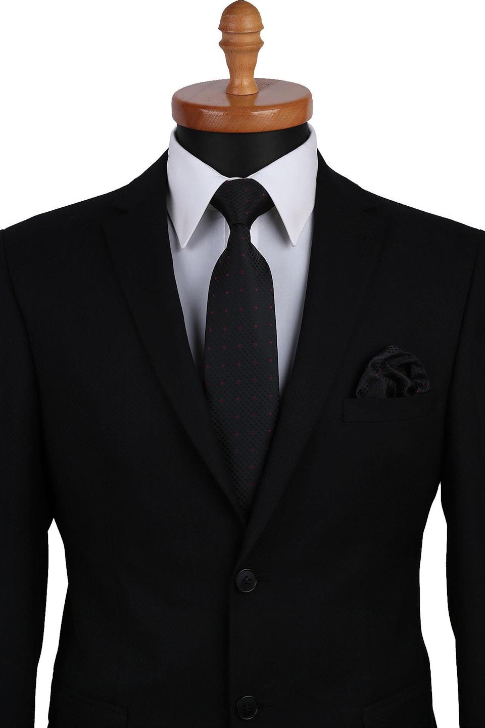 Siyah Nokta Desen Mendilli Klasik Kravat KK9489