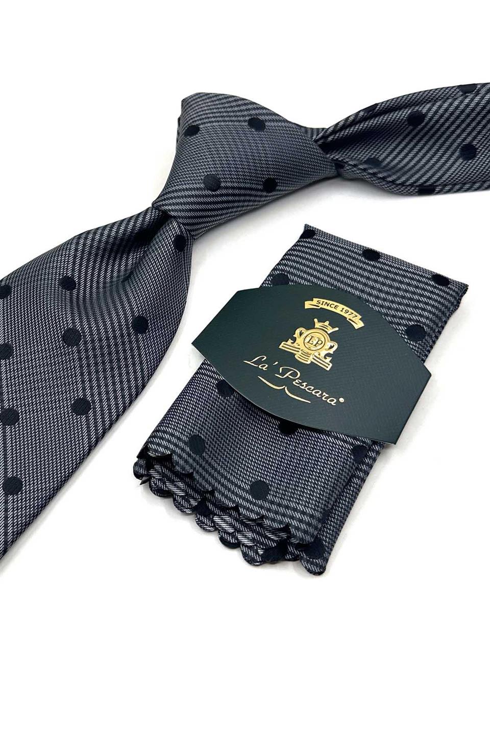Siyah Puantiye Desen Mendilli Klasik Kravat KK13594
