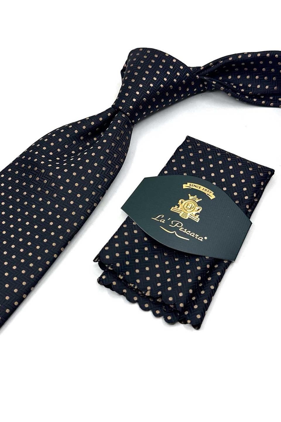 Siyah Puantiye Desen Mendilli Klasik Kravat KK13538