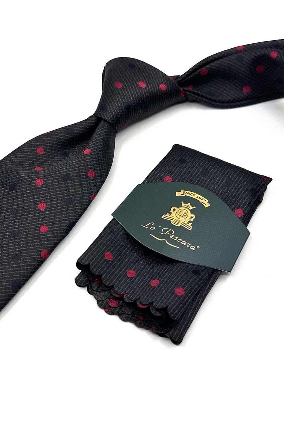 Siyah Puantiye Desen Mendilli Klasik Kravat KK13473