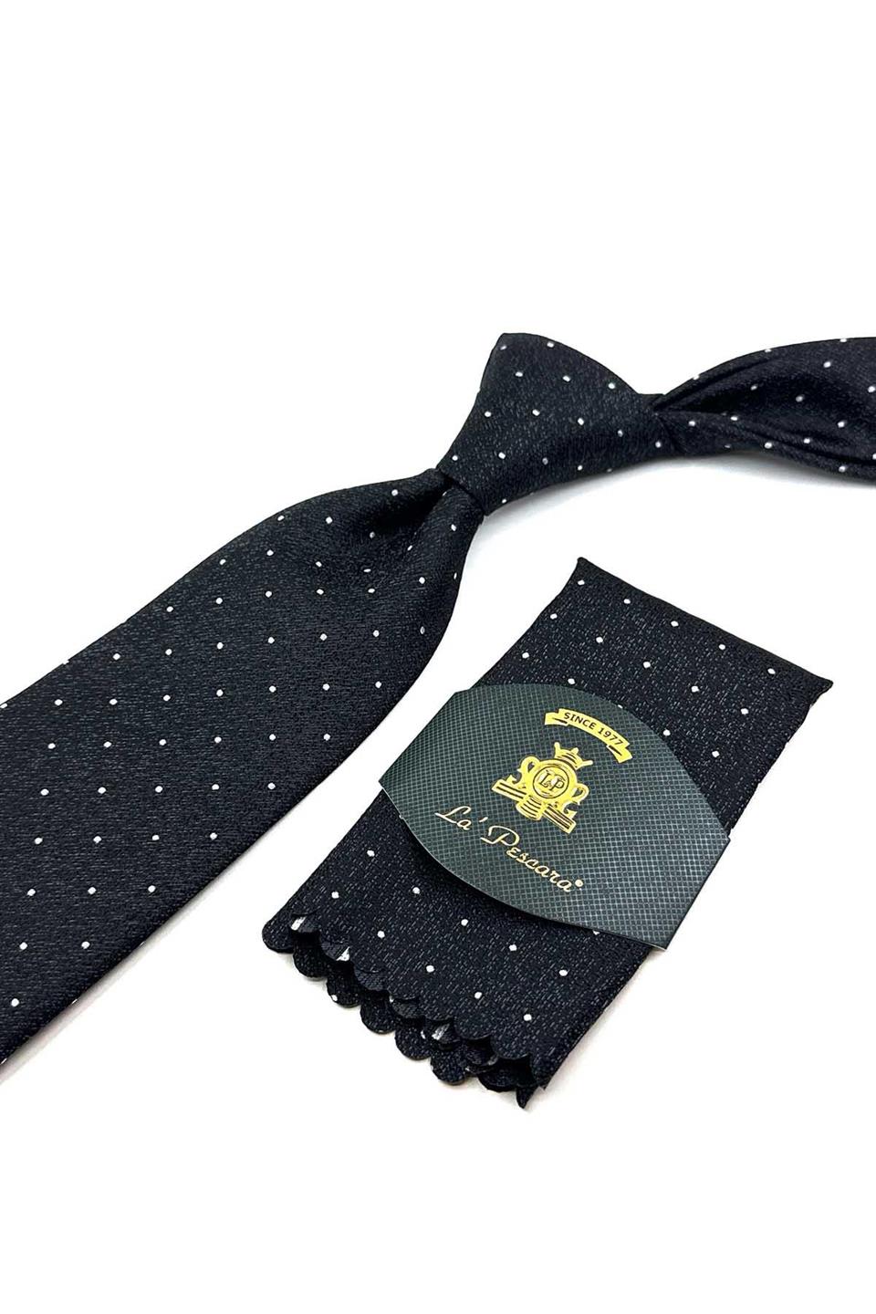 Siyah Puantiye Desen Mendilli Klasik Kravat KK12325