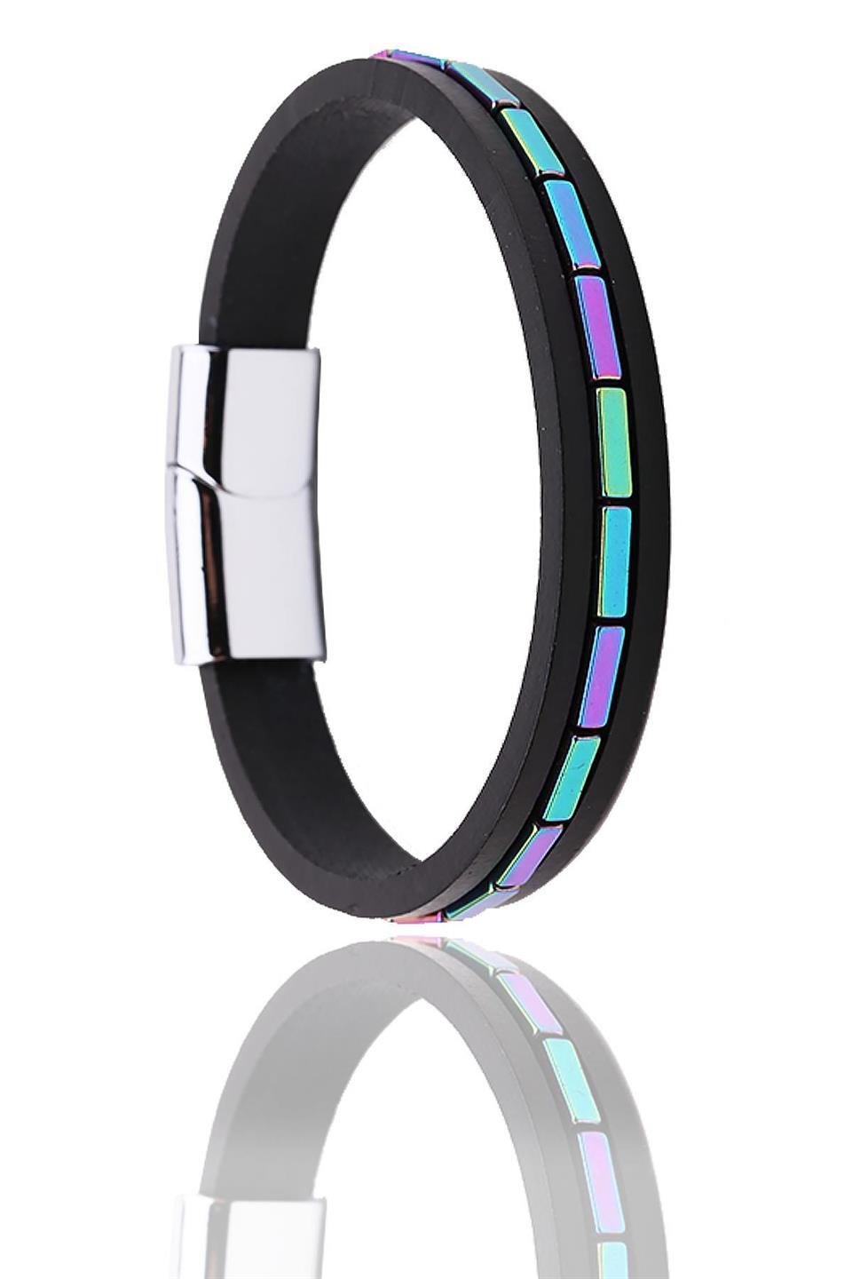 Siyah Renkli Taşlı Deri Çelik Erkek Bileklik BLK1645