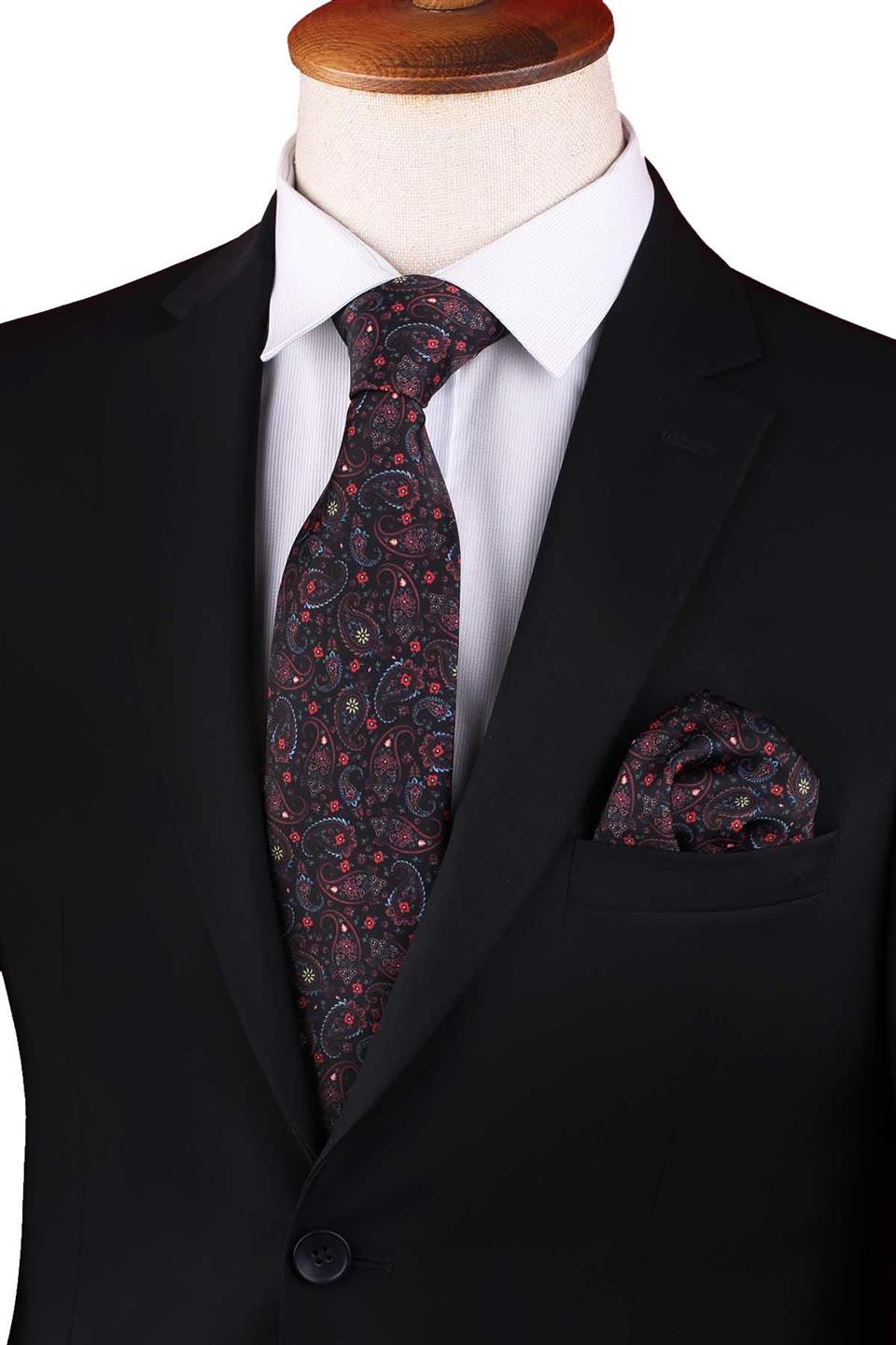Siyah Şal Desen Baskılı Mendilli Klasik Kravat KK13348