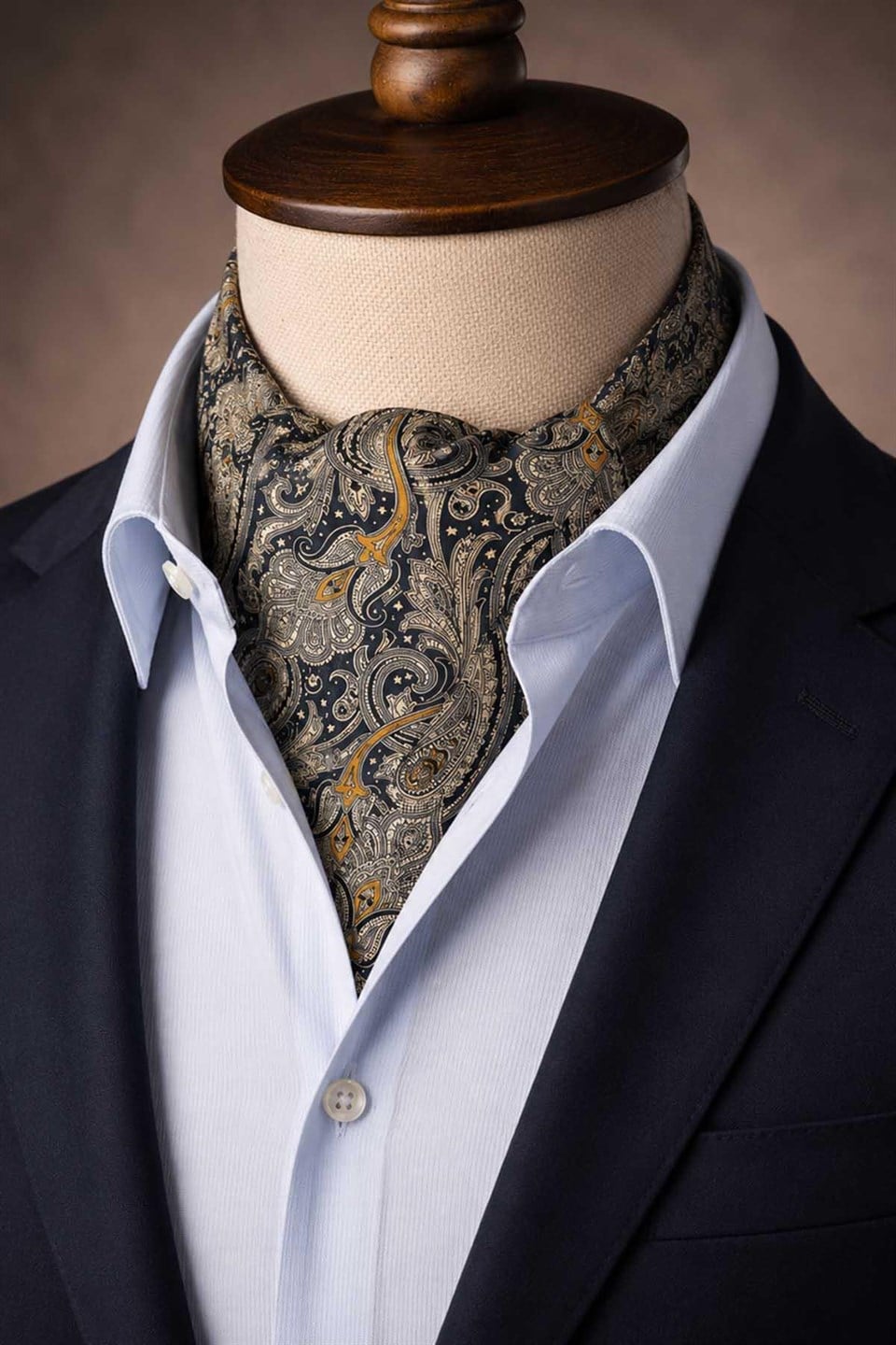 Siyah Şal Desen İtalyan İpek Ascot Kravat SAC112