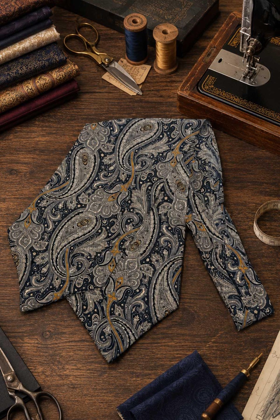 Siyah Şal Desen İtalyan İpek Ascot Kravat SAC112