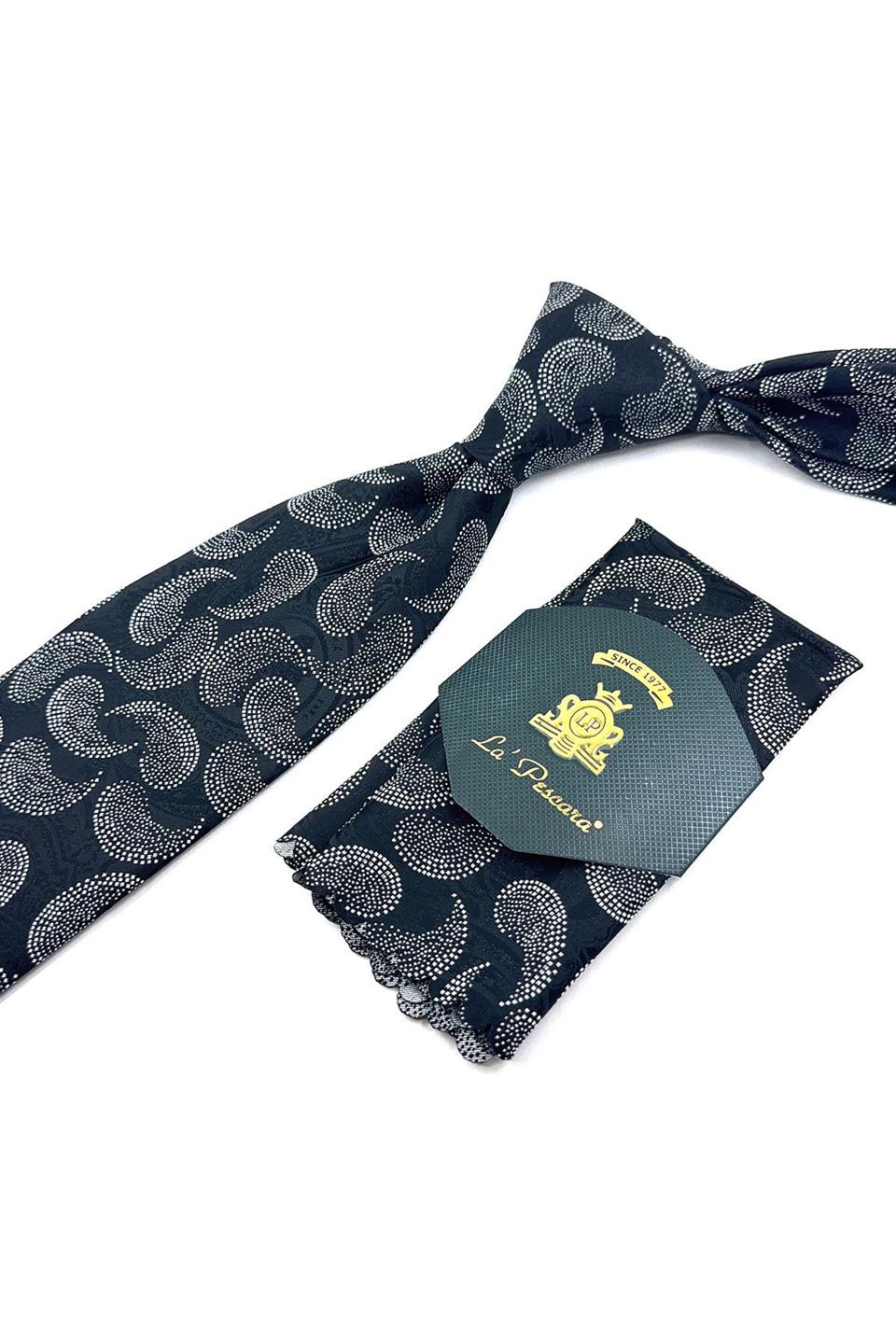 Siyah Şal Desen Mendilli Klasik Kravat KK11859