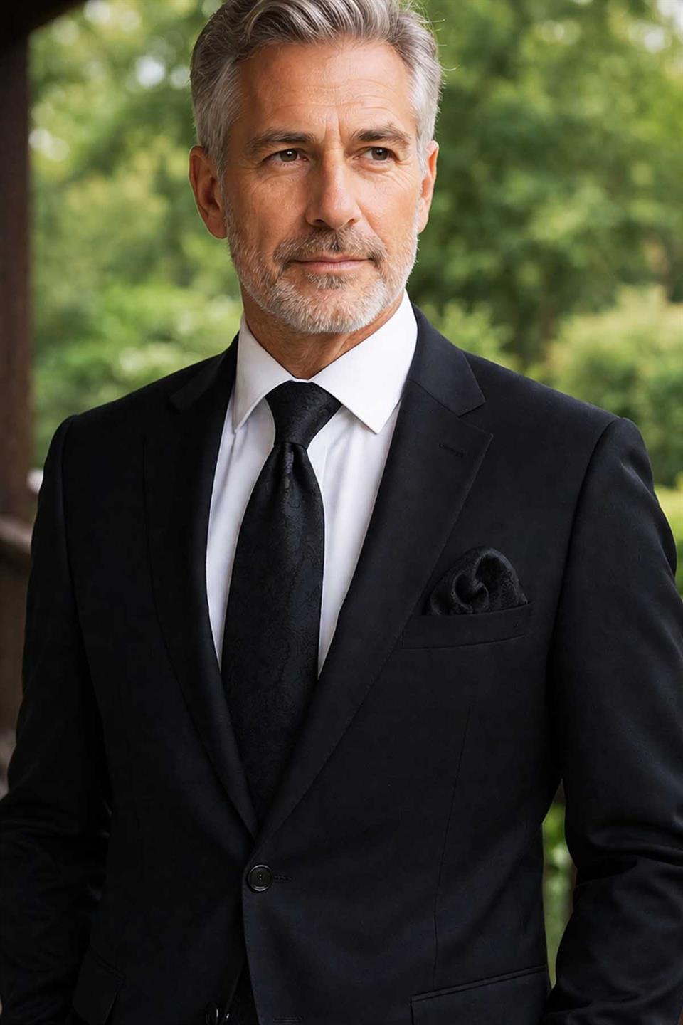 Siyah Şal Desen Mendilli Klasik Kravat KK13117