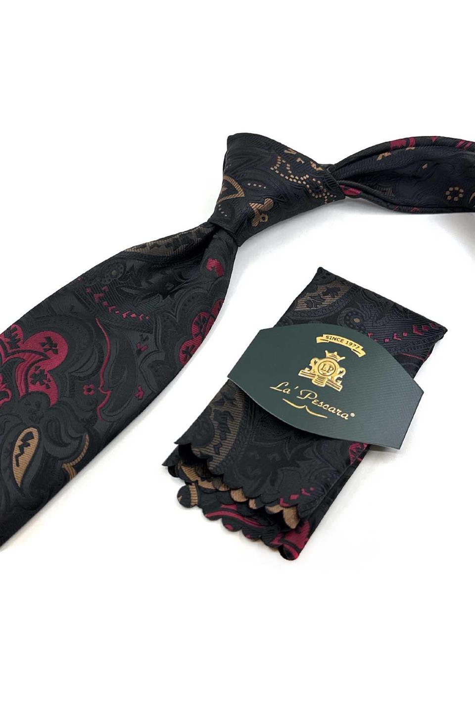 Siyah Şal Desen Mendilli Klasik Kravat KK13319