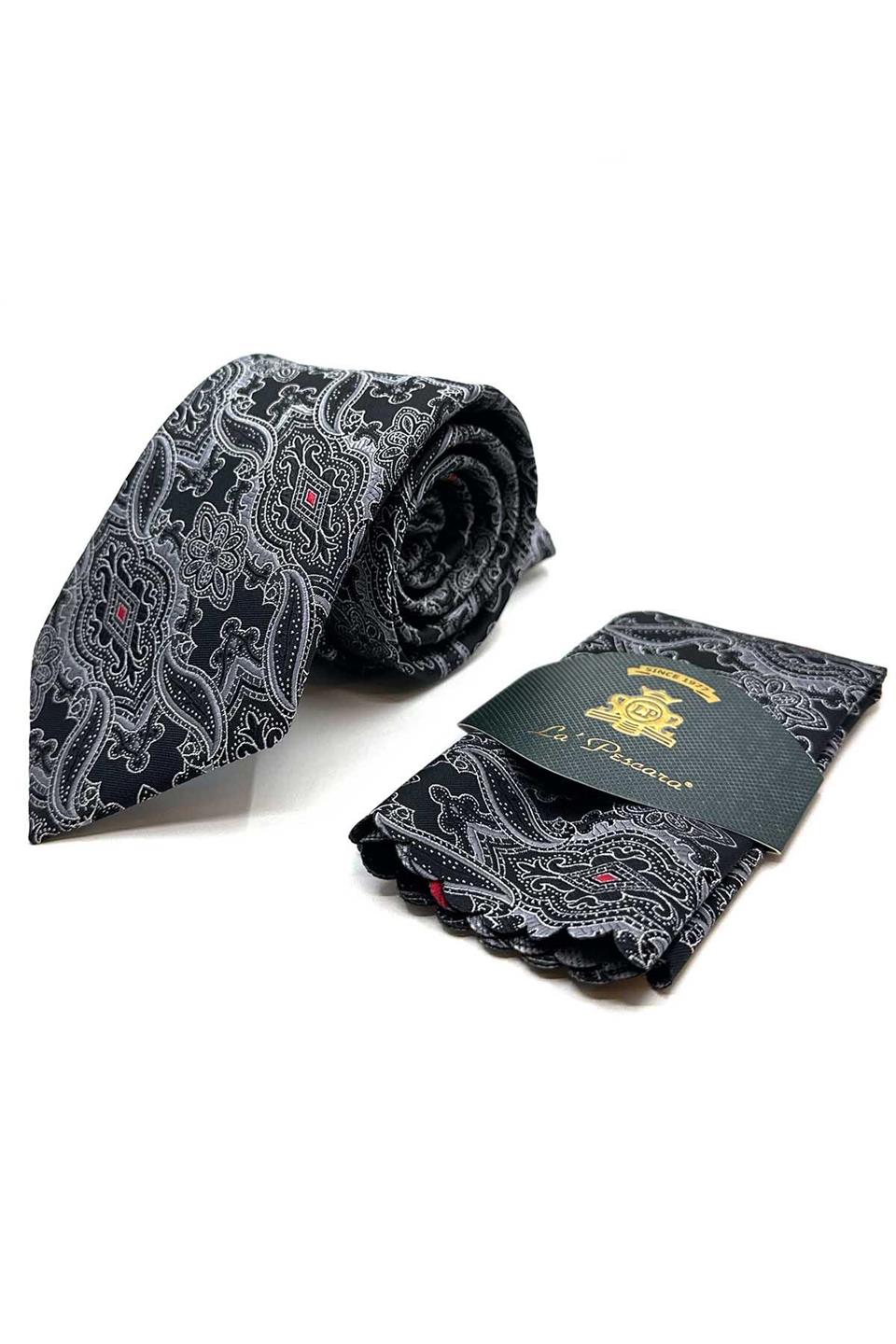 Siyah Şal Desen Mendilli Klasik Kravat KK12859