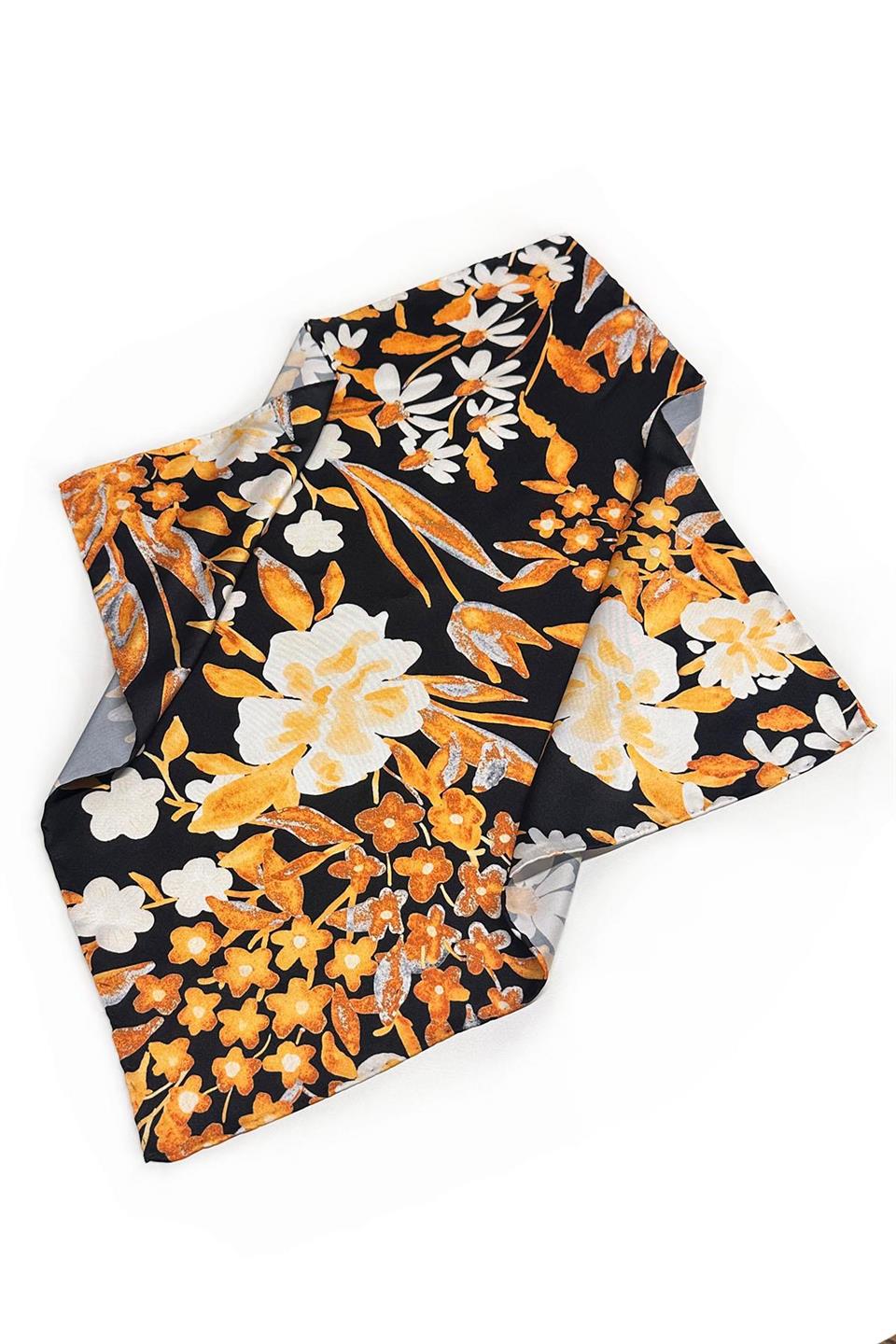 Siyah - Sarı Çiçek Desen Fular Bandana 55-55 cm KDNF07