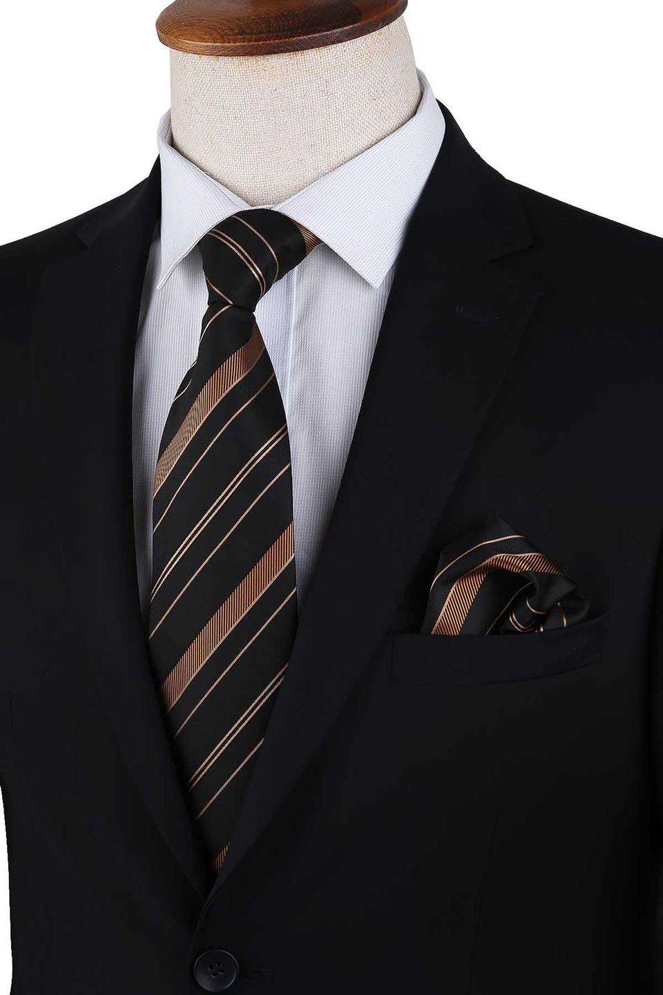 Siyah - Sarı Çizgi Desen Mendilli Klasik Kravat KK13209