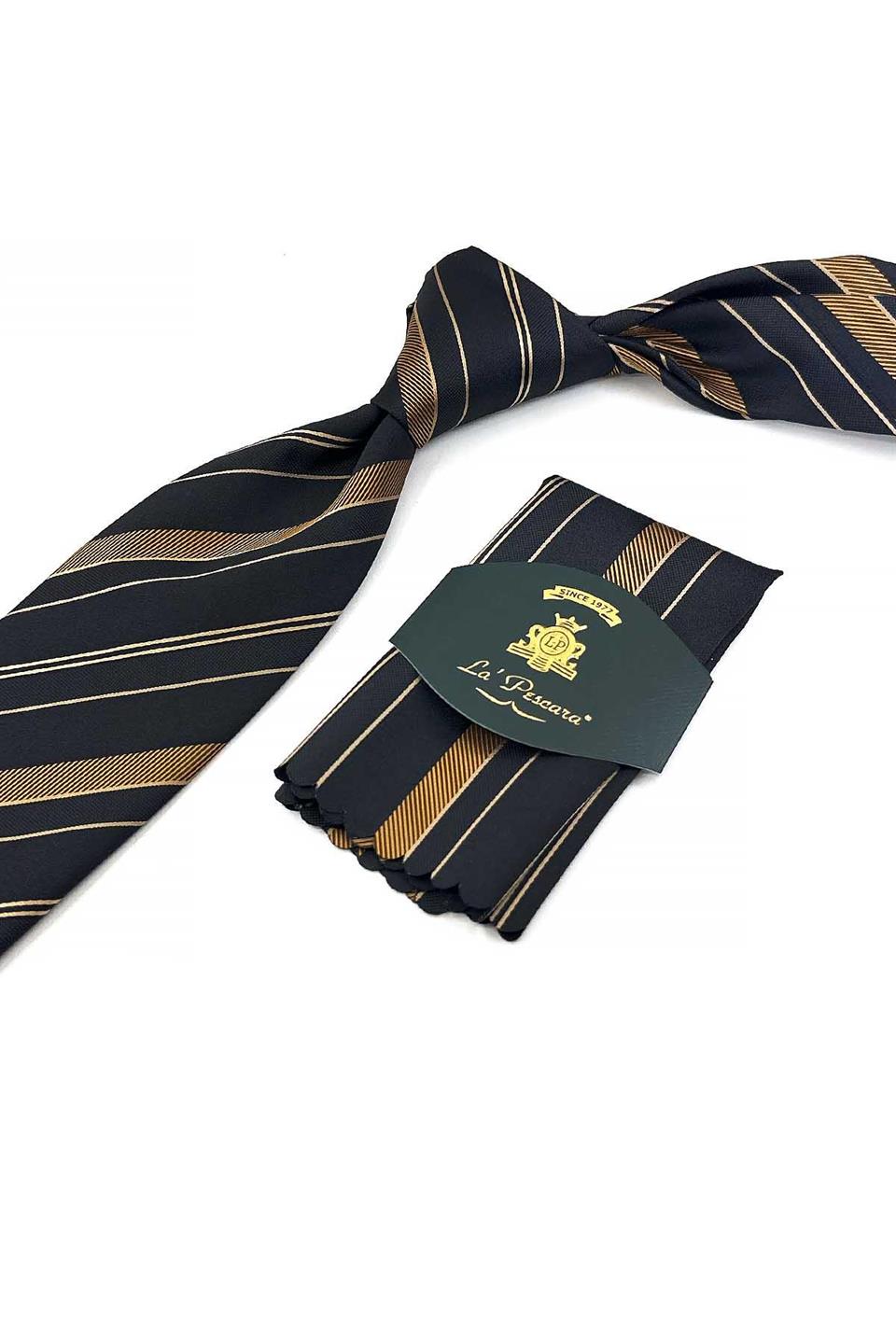 Siyah - Sarı Çizgi Desen Mendilli Klasik Kravat KK13209