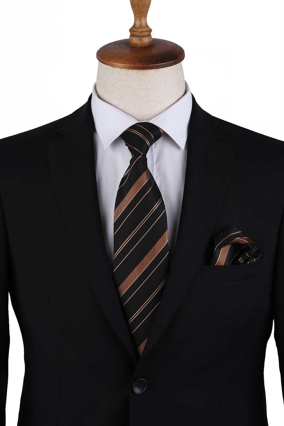 Siyah - Sarı Çizgi Desen Mendilli Klasik Kravat KK13209