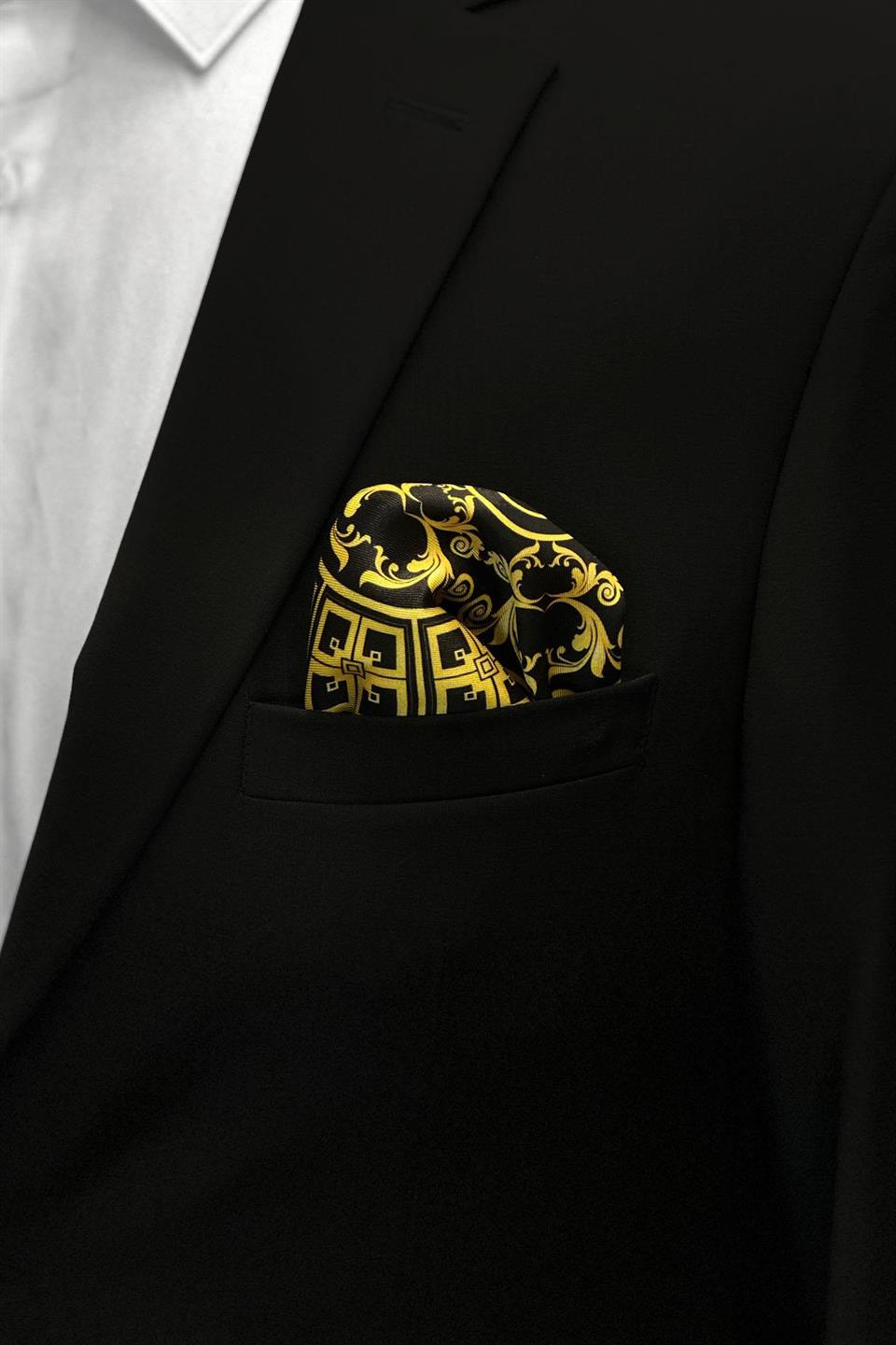 Siyah - Sarı Motif Desen Erkek Cep Mendili SPS541-11