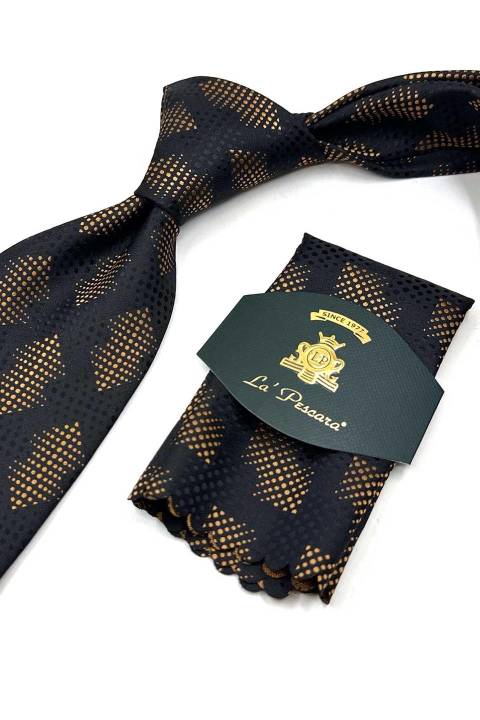 Siyah - Sarı Motif Desen Mendilli Klasik Kravat KK13418