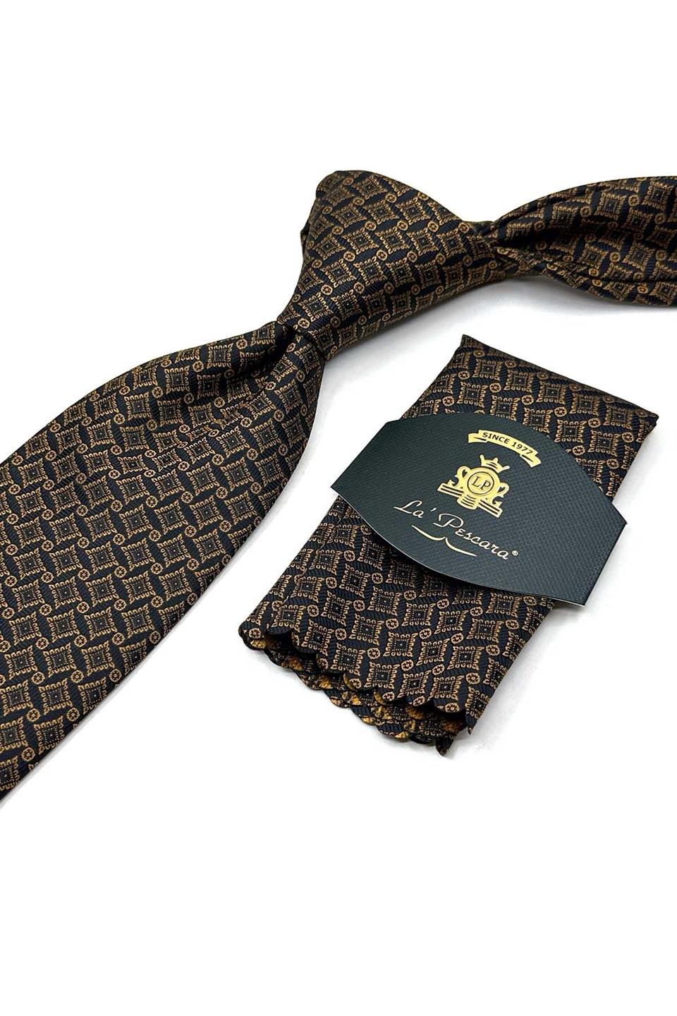 Siyah - Sarı Motif Desen Mendilli Klasik Kravat KK13469