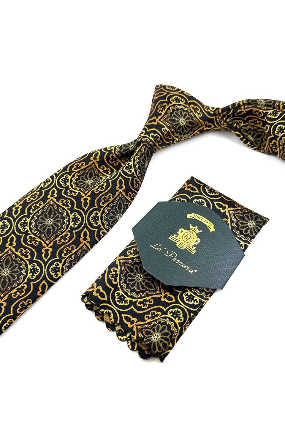 Siyah - Sarı Motif Desen Mendilli Klasik Kravat KK11980