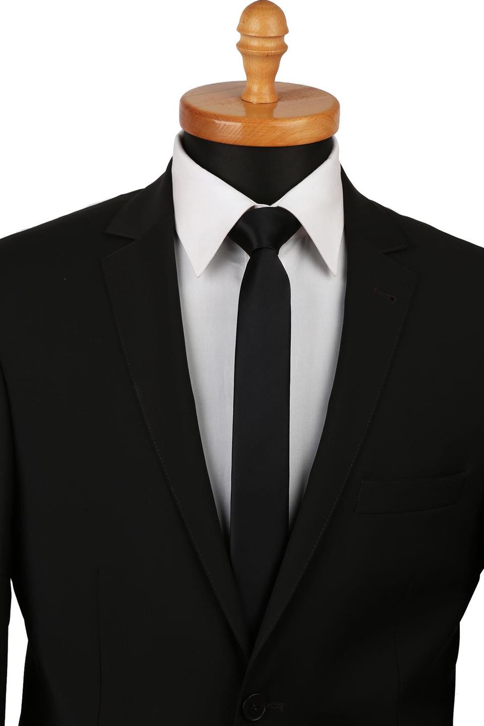 Siyah Saten Düz Çok İnce Kravat UST11