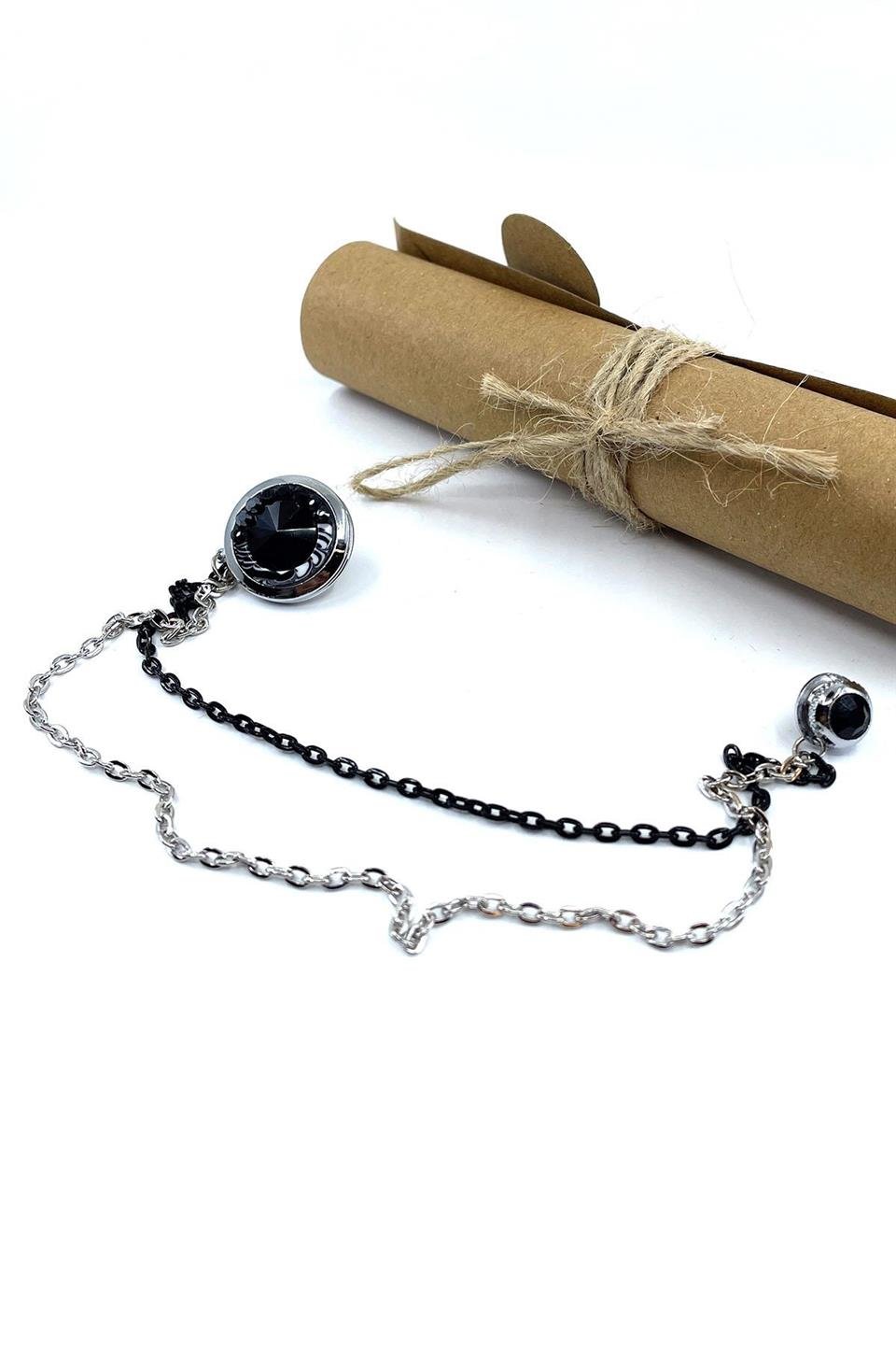Siyah Taşlı Zincirli Gümüş Renk Ceket Yaka İğnesi YI392