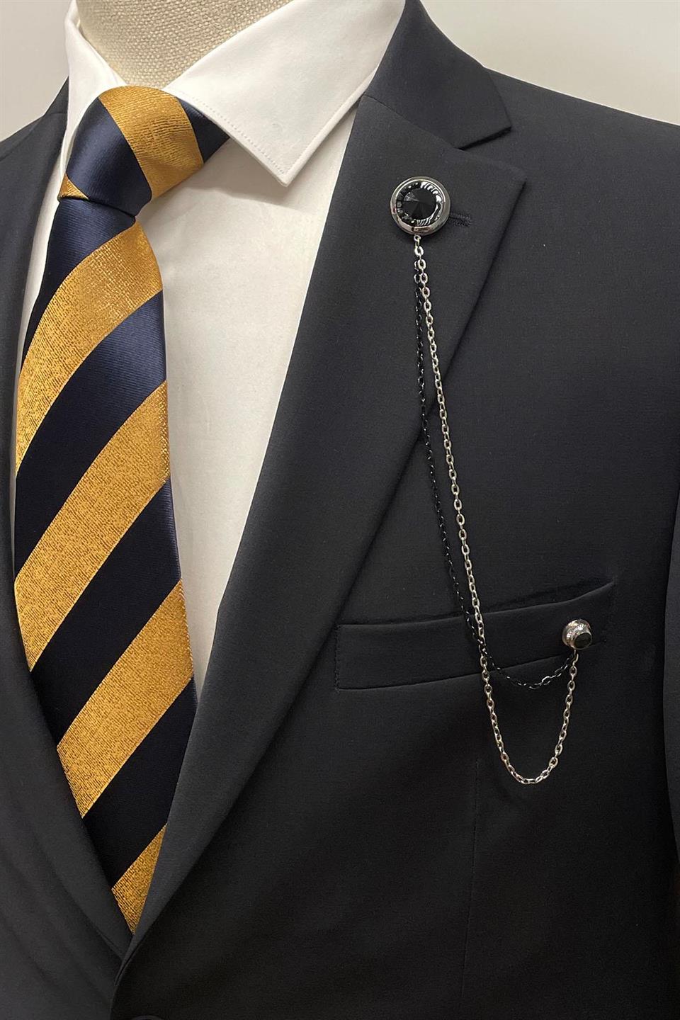 Siyah Taşlı Zincirli Gümüş Renk Ceket Yaka İğnesi YI392