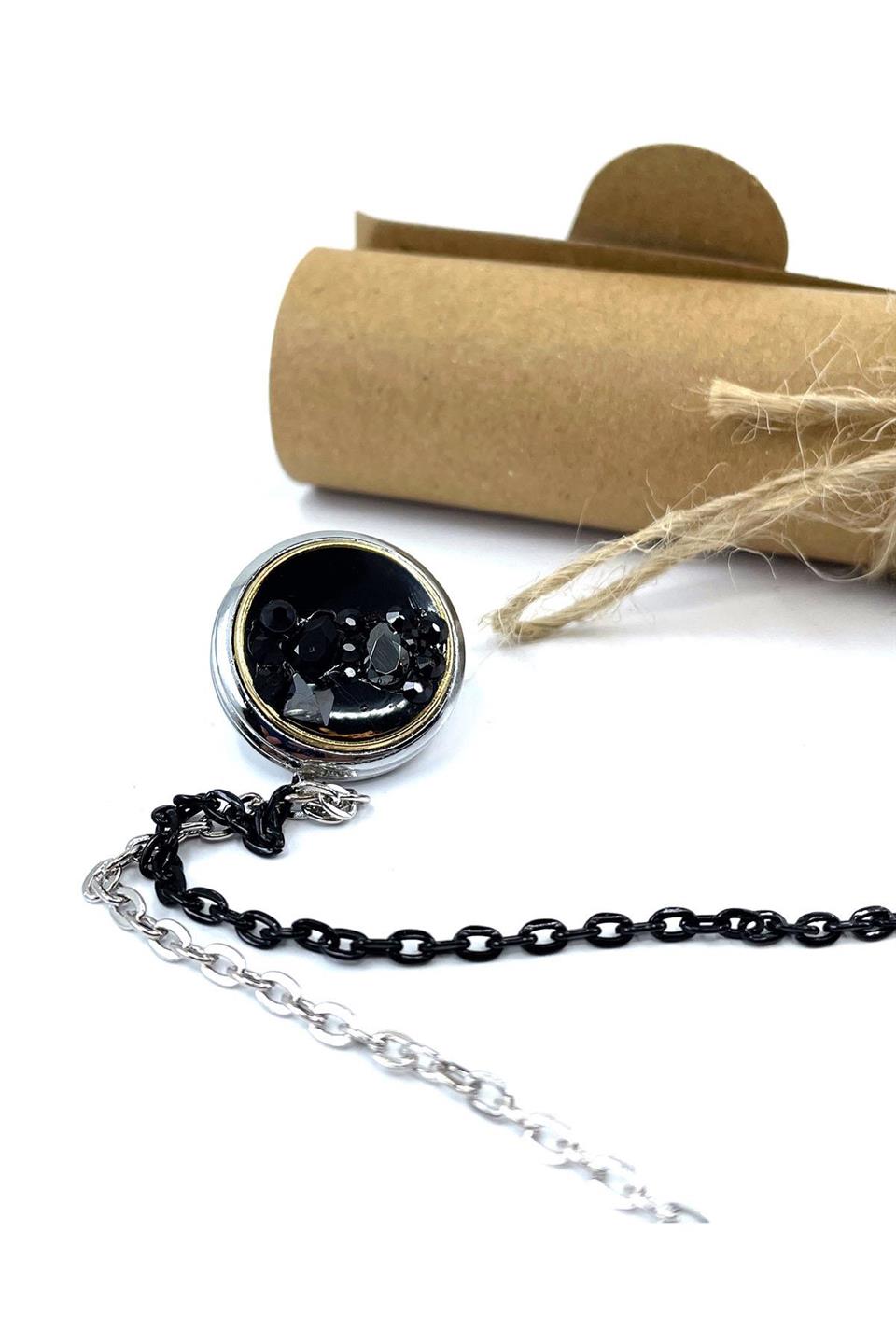 Siyah Taşlı Zincirli Gümüş Renk Ceket Yaka İğnesi YI394