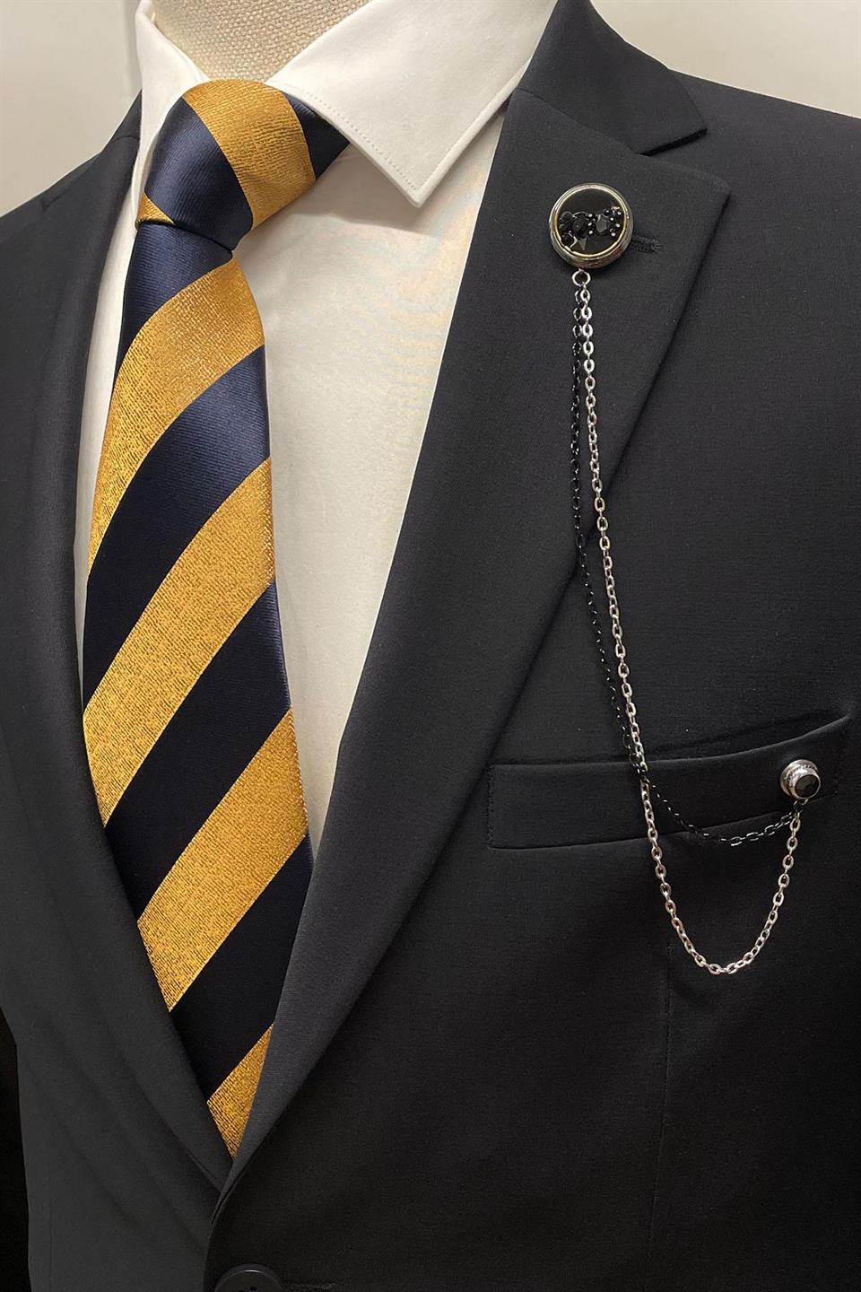 Siyah Taşlı Zincirli Gümüş Renk Ceket Yaka İğnesi YI394