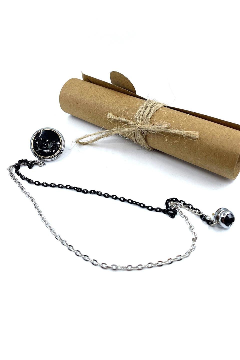 Siyah Taşlı Zincirli Gümüş Renk Ceket Yaka İğnesi YI394