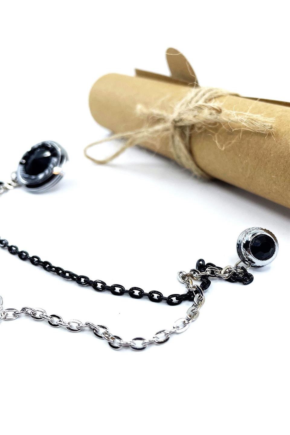 Siyah Taşlı Zincirli Gümüş Renk Ceket Yaka İğnesi YI392